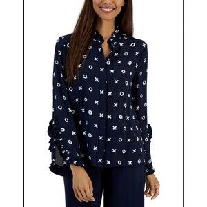 T Tahari Blue Xo’s Print Ruffled Cuff Mock Neck Button Up Blouse Womens XL